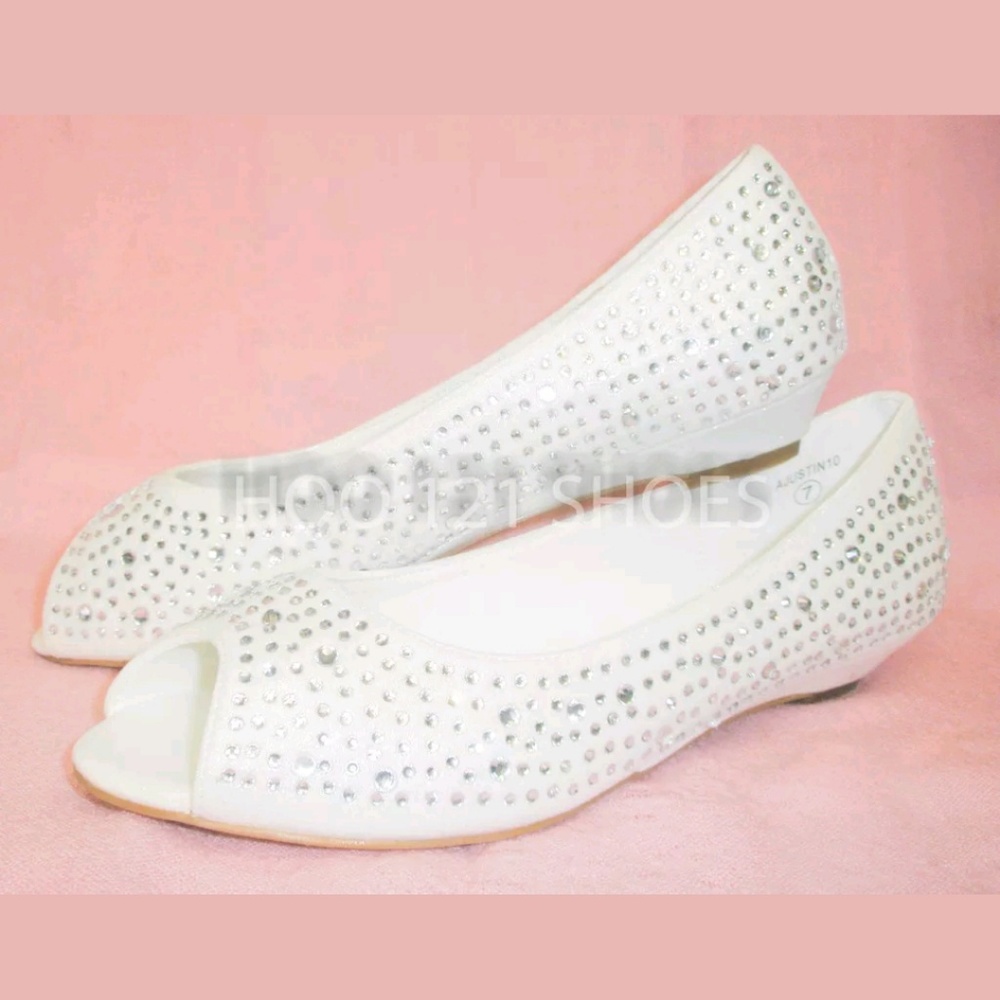 Sz 8 peeptoe ballet flat small wedge rhinestones